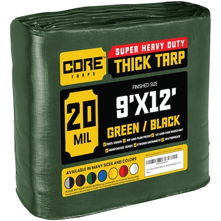 Core Tarps Heavy Duty Tarp, 12 ft L x 0.5 mm H x 9 ft W, 20 Mil, Green/Black, Polyethylene CT-703-9X12